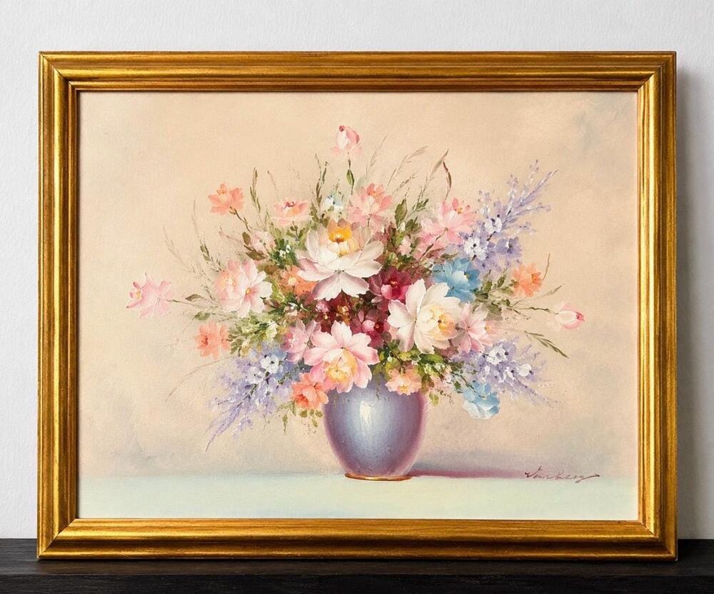 1960s-1970s Vintage Signed Original Oil Painting Pastel Flowers Gold Frame